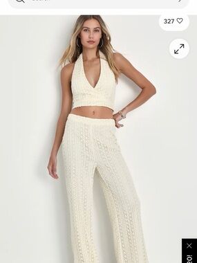 Lulu's Cream Crochet Halter Crop Top & Wide-Leg Pants Set